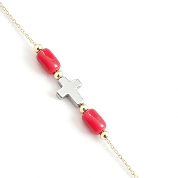 Bracelets or 18k - Corail véritable et Croix en hématites
