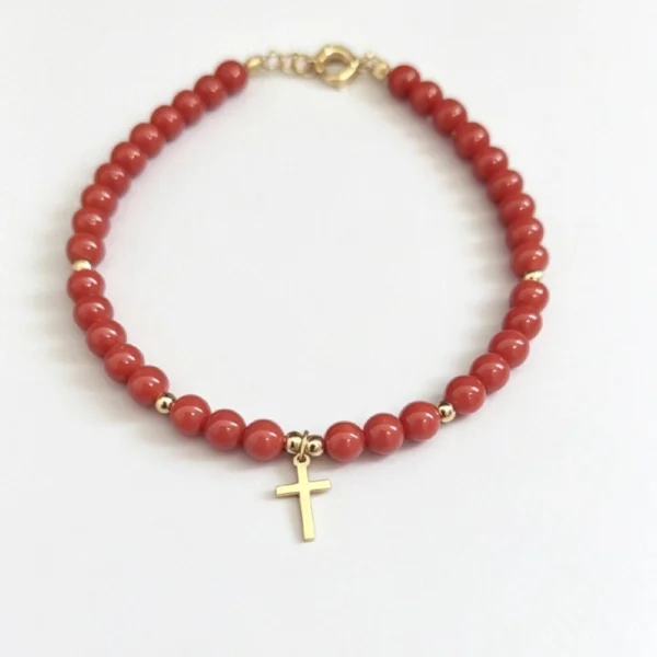 Bracelet Corail Or avec pendentif Croix