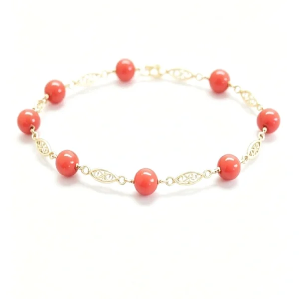 Bracelets or 18k - Bracelets perle corail alternée or 18k filigrane