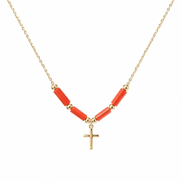 Collier or 18k Croix et corail véritable