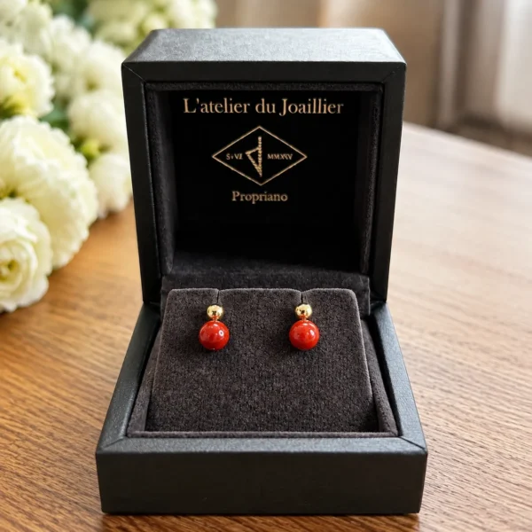 Boucle d'oreille or 18k et perle corail véritable qualité extra (6mm)